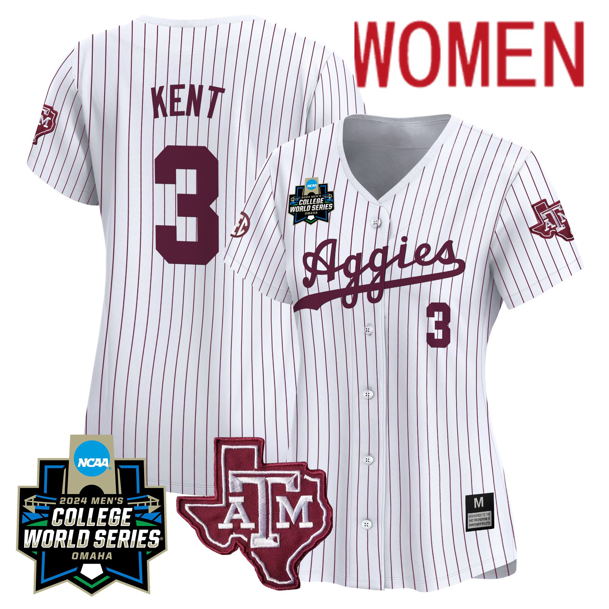Women Texas A&M Aggies #3 Kent White Stripe 2024 College World Series Vapor Premier Limited NCAA Jersey